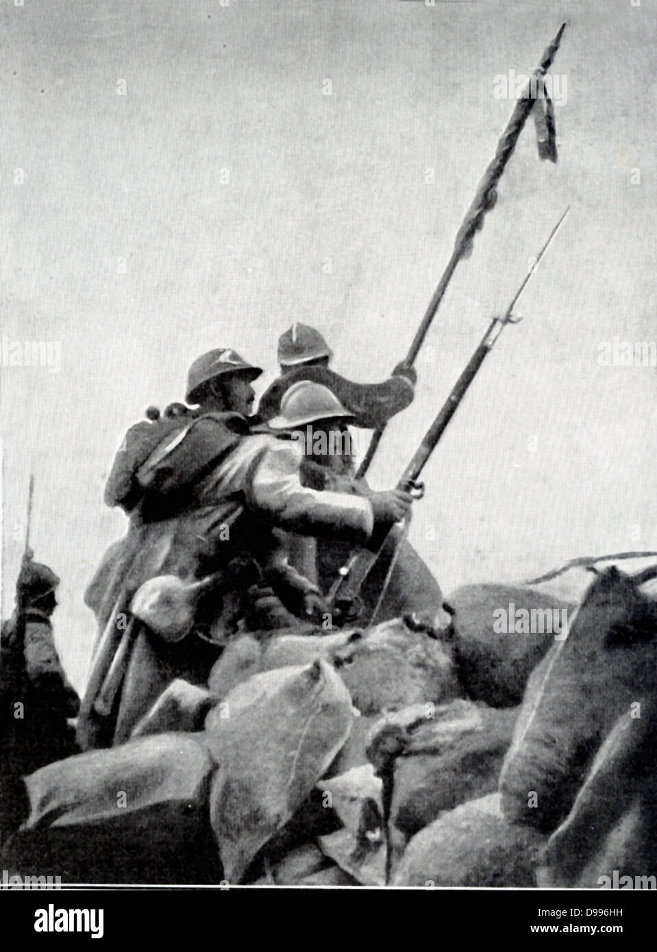 Symbolical impression of the Spirit of France.  It shows the soldiers leaping from the trench for a charge in World War one Stock Photo
