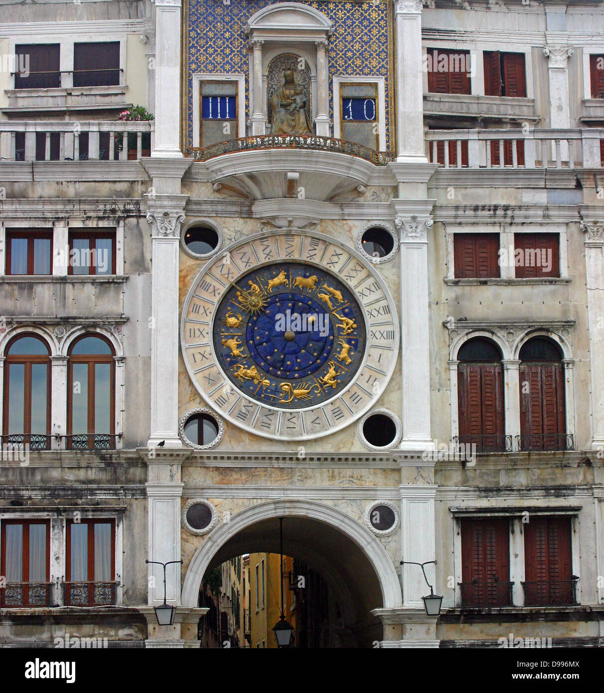 St Mark's Astrological Clock is housed in the St Mark's Clock tower, on St Mark's Square in Venice. The first clock housed in the tower was built and installed by Gian Paulo and Gian Carlo Rainieri, father and son, between 1496 and 1499 Stock Photo