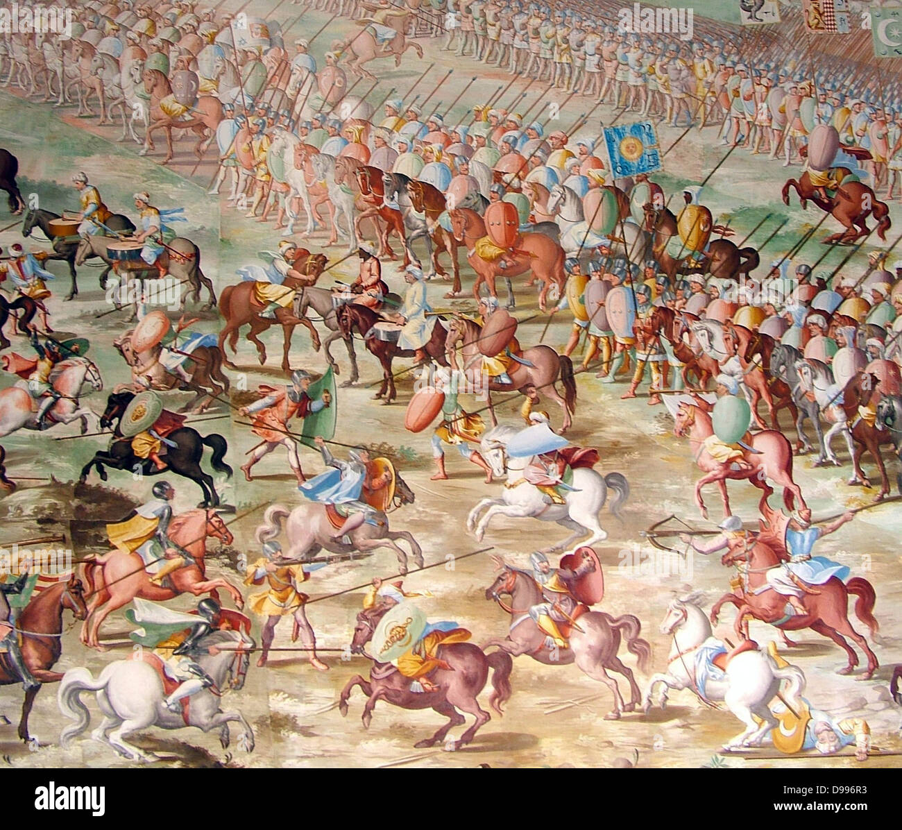 Army of Muhammed IX, (Nasrid Sultan of Granada), at the Battle of Higueruela 1431. Shown as part of a series of fresco paintings by Fabrizio Castello, Orazio Cambiaso and Lazzaro Tavarone. Displayed in the Gallery of Battles, at the Royal Monastery of San Lorenzo de El Escorial, Spain. Stock Photo