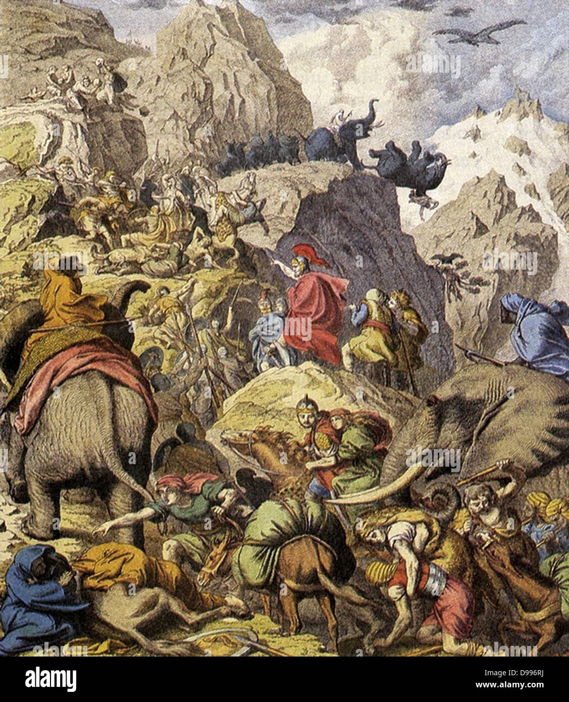 Hannibal crossing the Alps. Hannibal, (248–183 or 182 BC), Carthaginian military commander and tactician who is popularly credited as one of the most talented commanders in history.  Hannibal and his army crossed the Alps in 218 BCE in 16 days Stock Photo