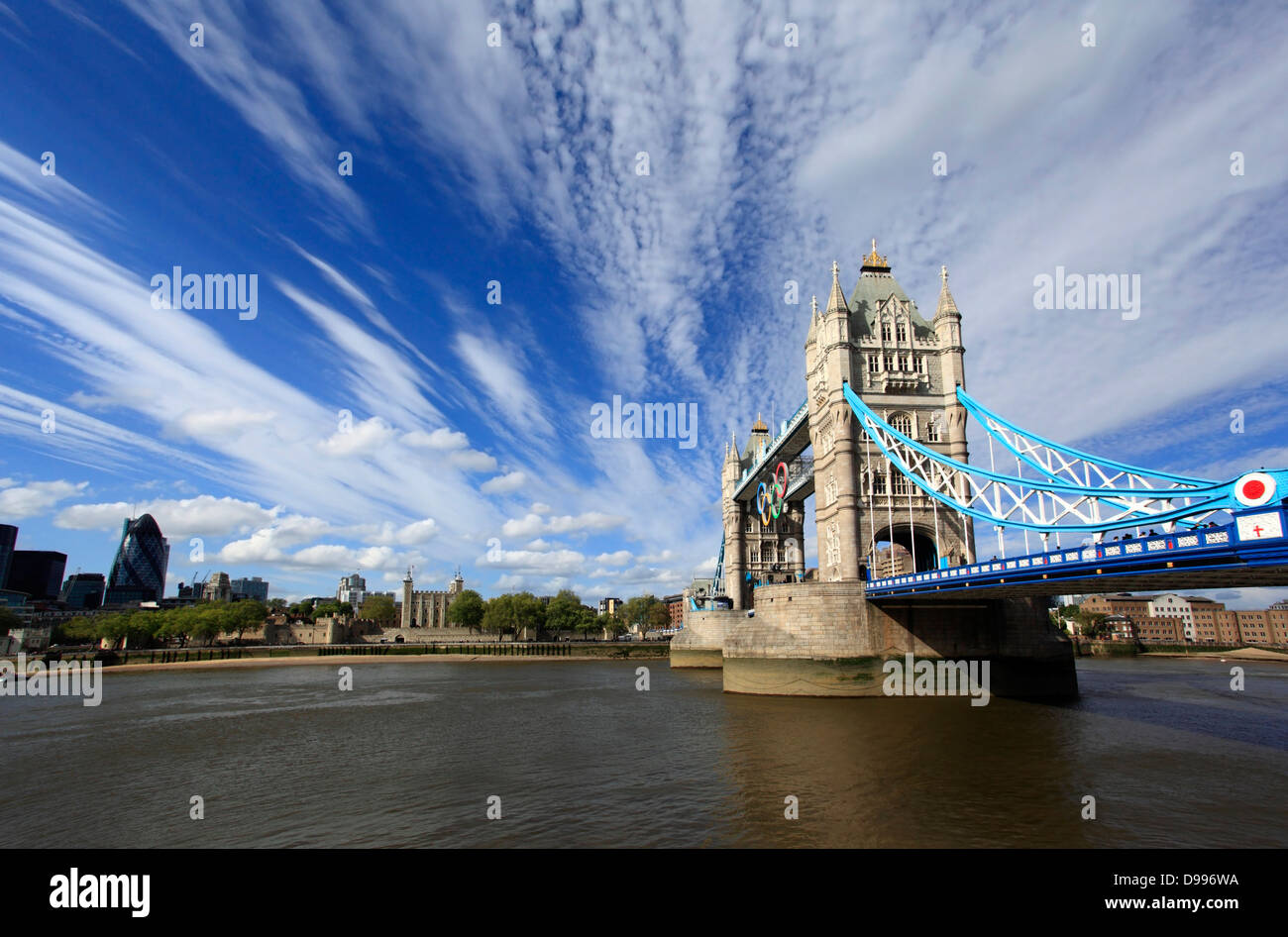 Tower Bridge crossing the Thames with the Tower Of London on the far