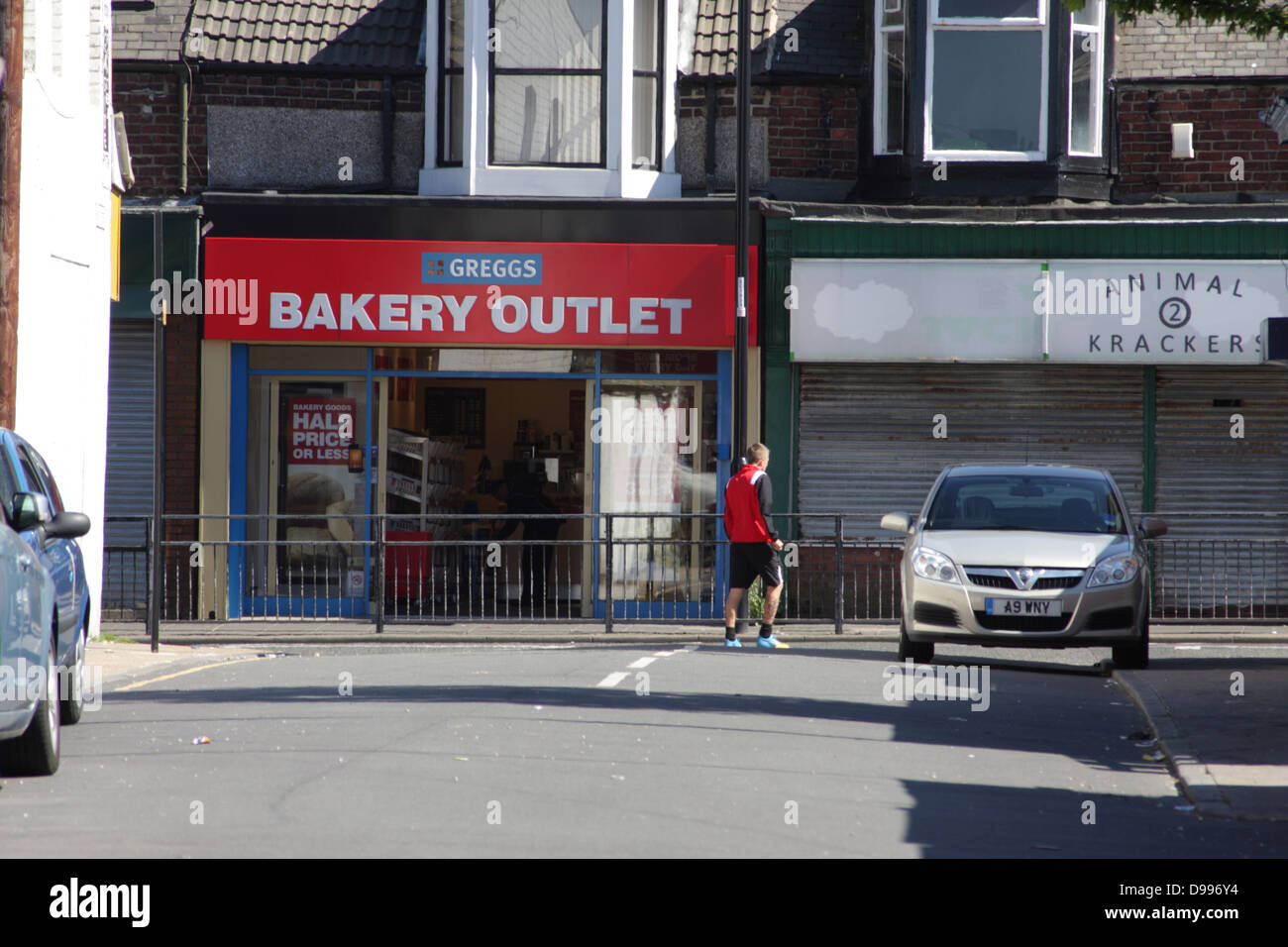 Shops on a street in Sunderland, Greggs Bakery outlet and Animal