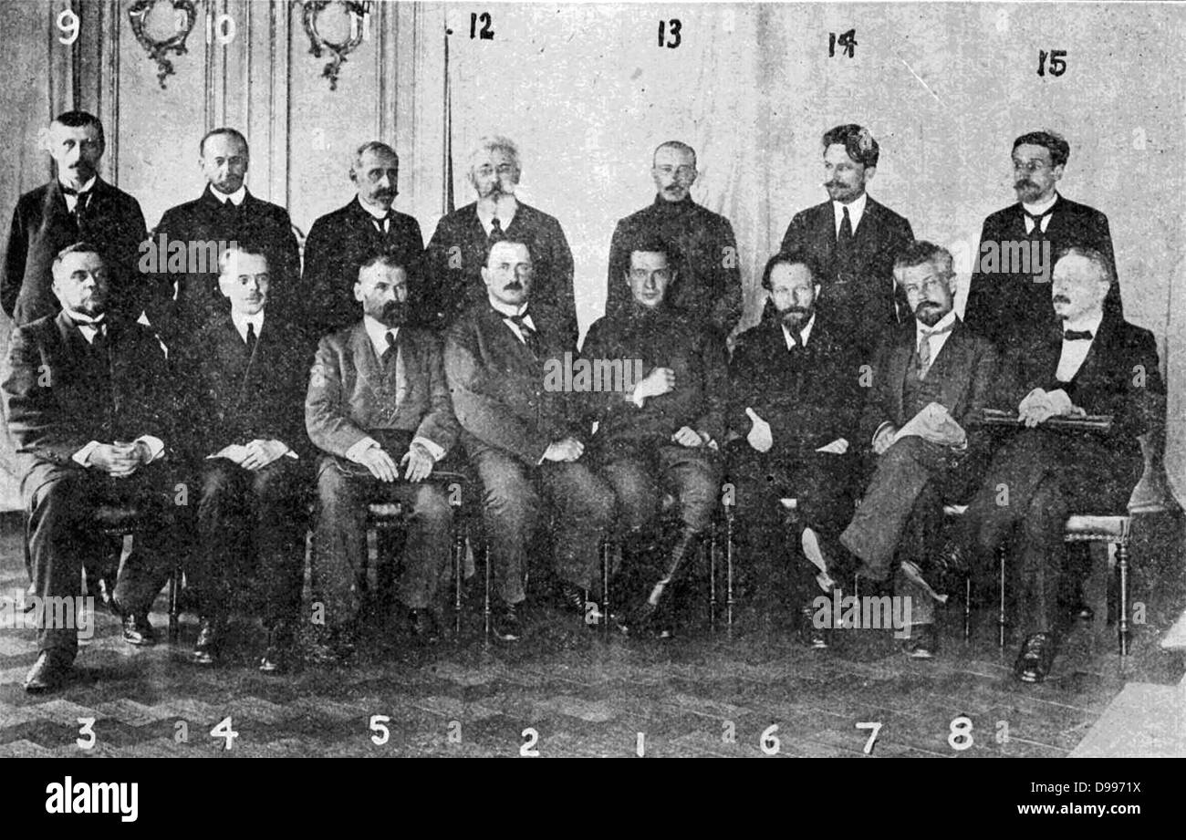 War cabinet of the Provisional Government of Russia, under Alexander Kerensky, who took over the leadership of the government on 24 July 1917. Kerensky himself sits at position no 1. Stock Photo