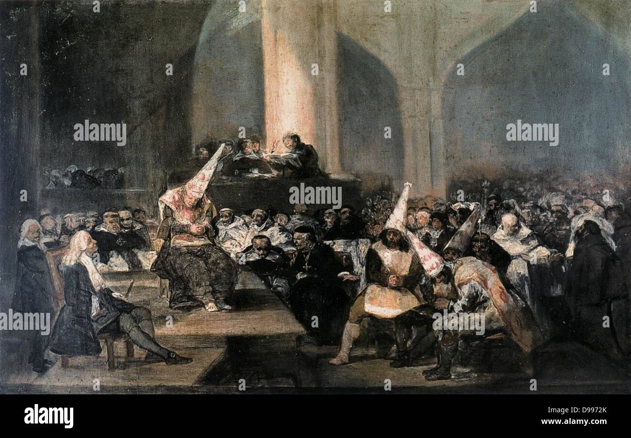 Francisco José de Goya y Lucientes, (30 March 1746 – 16 April 1828) was a Spanish romantic painter ' The Tribunal' The Inquisition Tribunal or The Inquisition Auto de fe, painted between 1812 and 1819. It shows an Auto de fe, or accusation of heretics, by the tribunal of the Spanish Inquisition Stock Photo