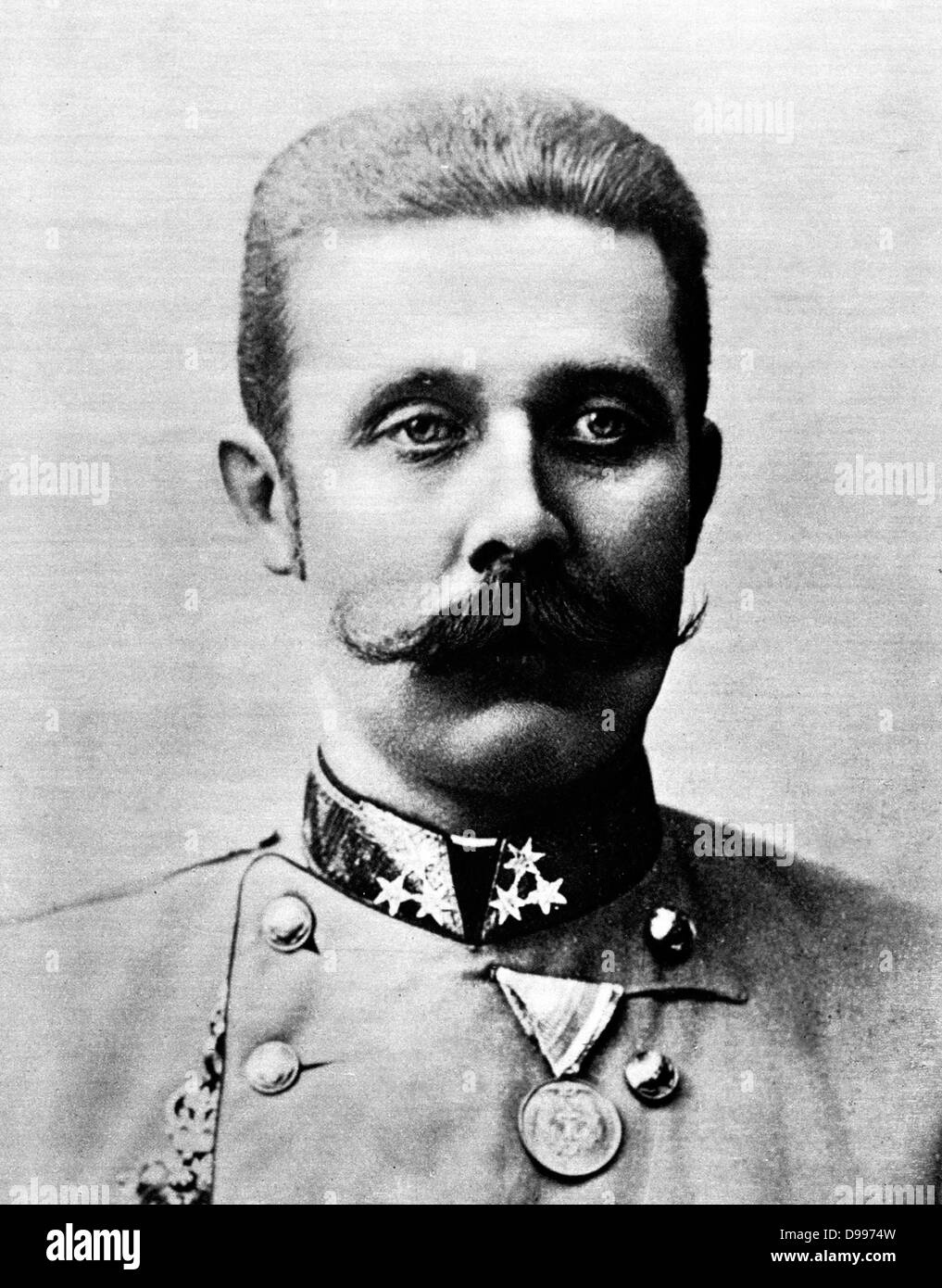 Franz Ferdinand (18 December 1863–28 June 1914) was an Archduke of Austria-Este, Austro-Hungarian and Royal Prince of Hungary and of Bohemia, and from 1889 until his death, heir presumptive to the Austro-Hungarian throne. His assassination in Sarajevo precipitated Austria-Hungary's declaration of war against Serbia Stock Photo
