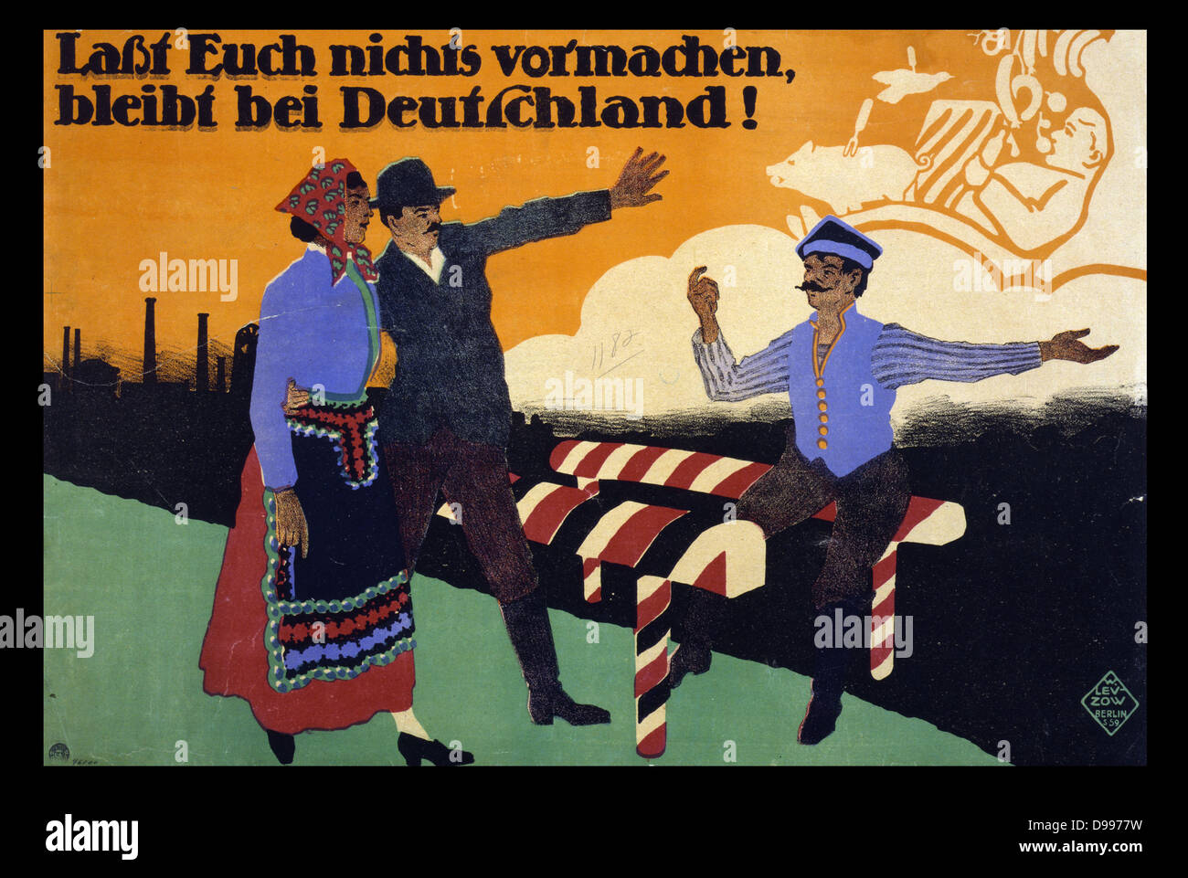 Last Euch nichts vormachen, bleibt bei Deutschland! (poster) lithograph 1919 by Wilhelm Levzow German artist. Poster shows a Polish man sitting on a Polish border gate and gesturing to a couple to go to Poland. Behind him are clouds forming image of man with plenty to eat. The couple on the German side of the border walk by, the man's arm raised as if shielding himself from the image. Text: Don't be fooled, stay with Germany! Stock Photo