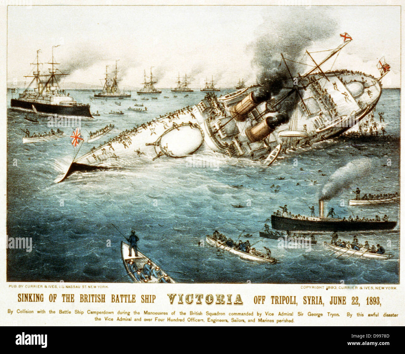 Sinking of the British battle ship Victoria off Tripoli, Syria, June 22, 1893. Currier & Ives lithograph, hand-collared. c1893. Stock Photo