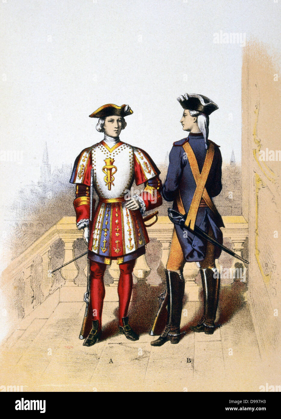 Member of the Guet Royal in 1700, right, and of the Provost Marshal's Guard of the Hotel  du Roi, 1788   'Histoire des corps de troupes de la ville de Paris' , 1887. France, Uniform, Chromolithograph Stock Photo