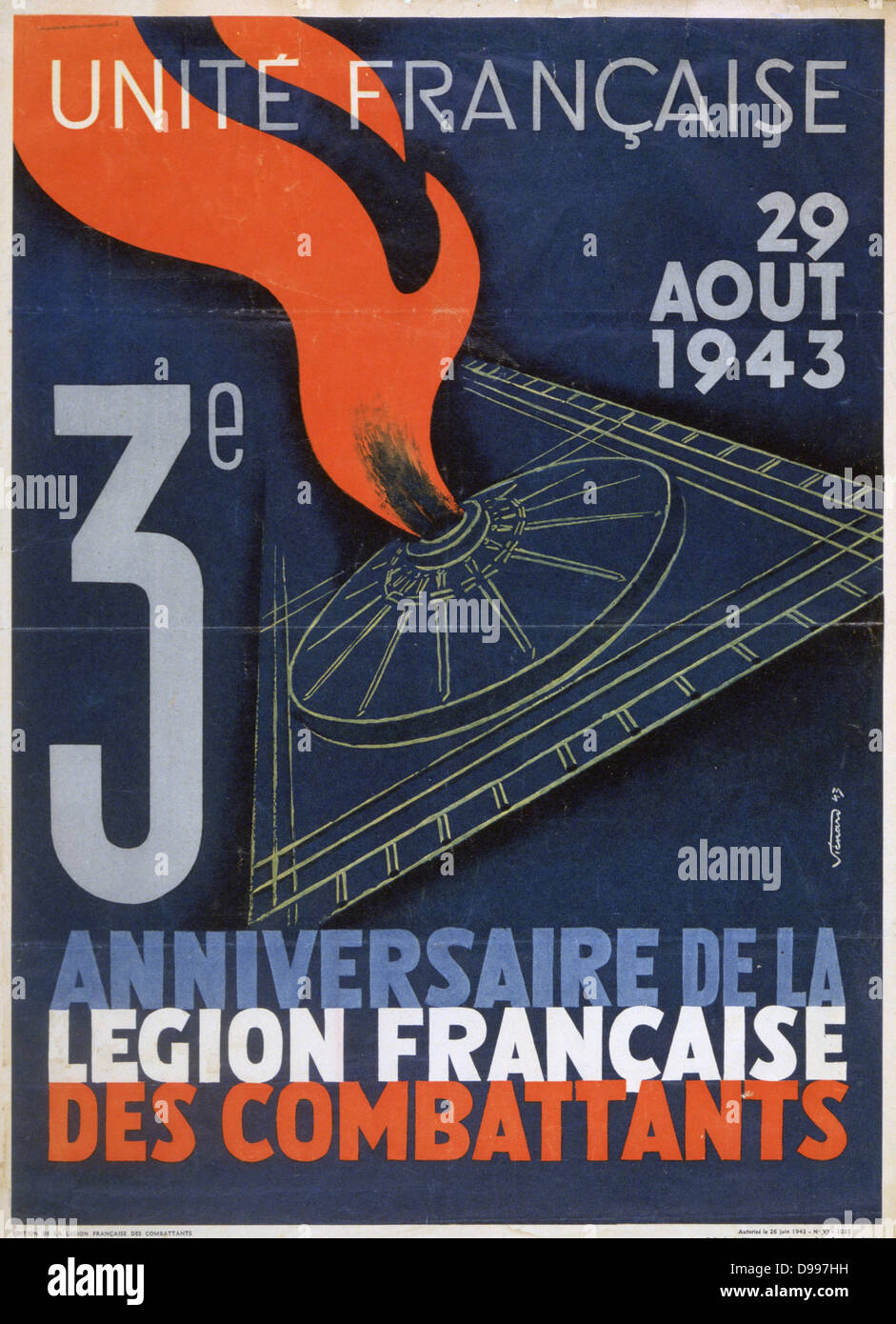 World War II 1939-1945: United France - Poster marking the third anniversary of the French Fighting Legion, France, 1943. Stock Photo