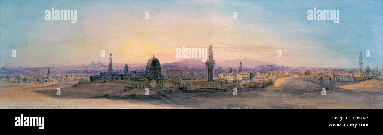 Cairo', 1863. Watercolour.  Charles Vacher (1818-1883), British artist.  Panoramic view of Cairo, Egypt. Stock Photo