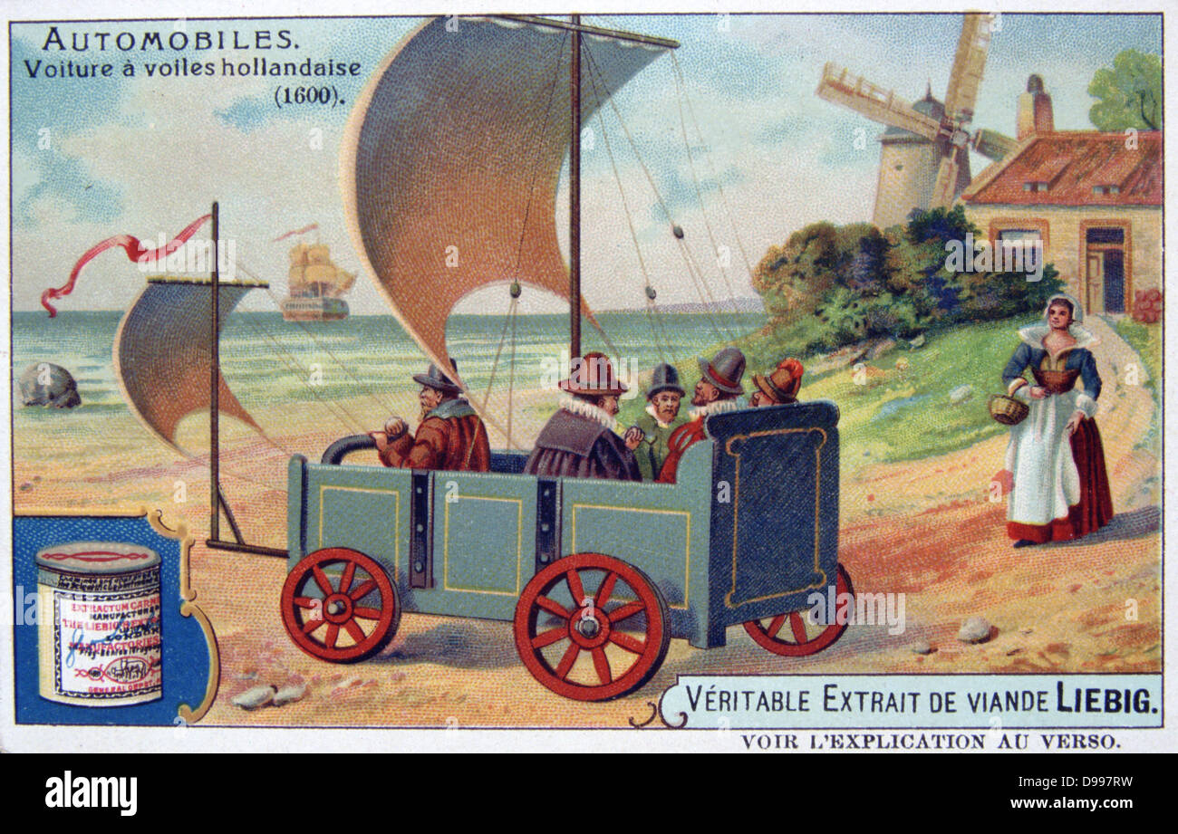 Wind-powered  cart fitted with sails, Holland, 1600. From series of Liebig trade cards of 'Automobiles', Chromolithograph, c1900. Transport Stock Photo