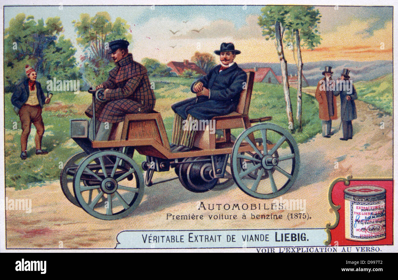 Internal combustion engine: Benzine-fuelled automobile built c1874 by Siegfried Marcus (1831-1898) German-born Austrian inventor. From series of Liebig trade cards of 'Automobiles', Chromolithograph, c1900. Transport, Road, Car Stock Photo