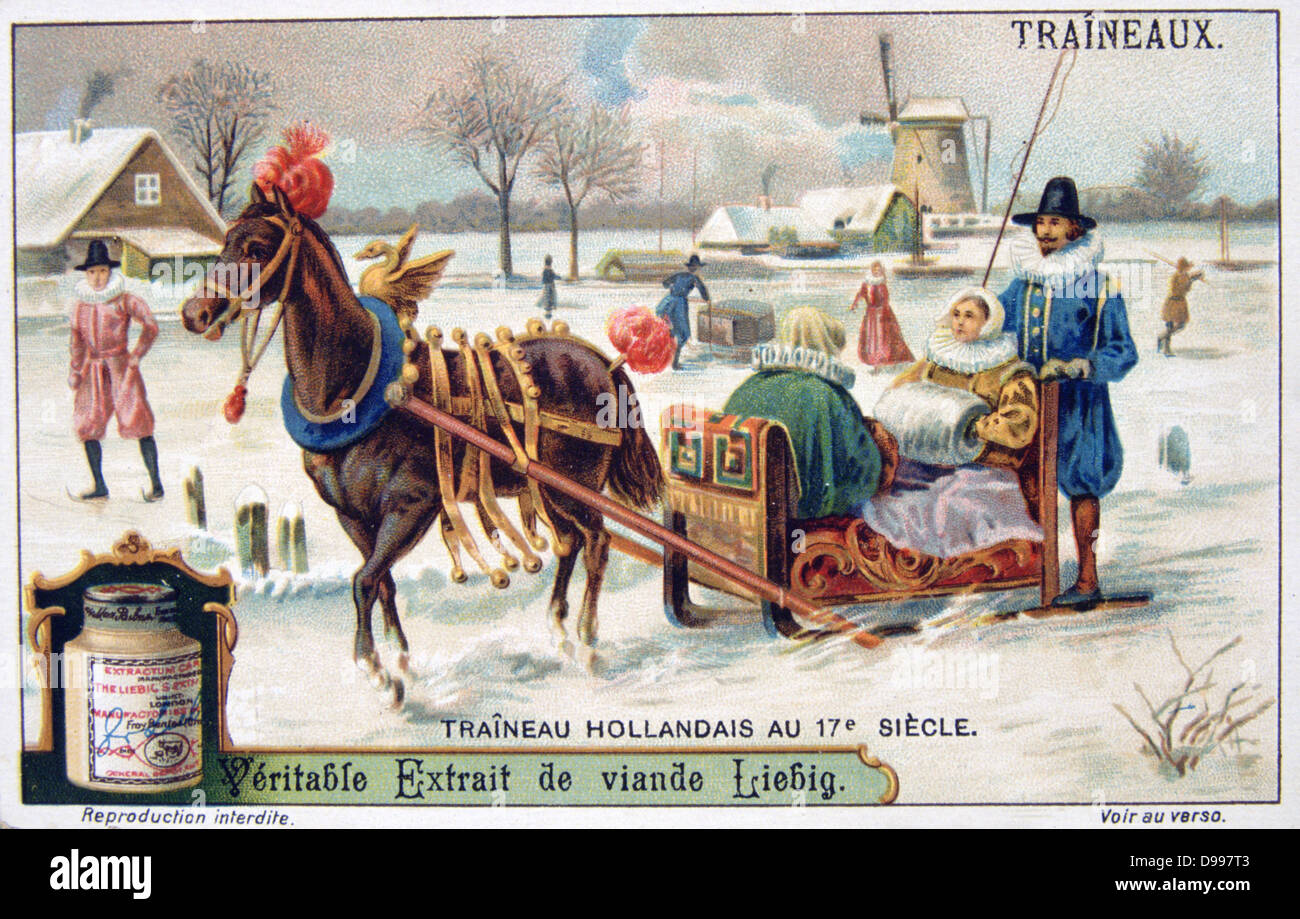 Artist's impression of a horse-drawn sledge in a Dutch winter landscape. From series of Liebig trade cards of 'Traineaux' (Sledges), Chromolithograph, c1900. Holland, Transport, Winter, Ice, Snow, Cold Stock Photo