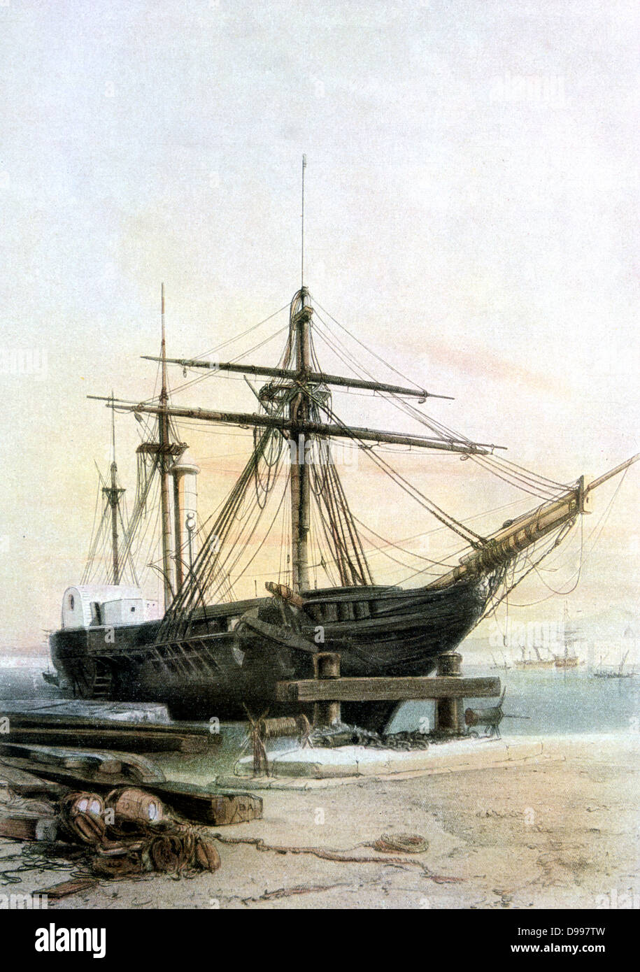 Wooden paddle steamer  used on the early French transatlantic lines c1847. During this transitional period, such vessels would still have a full complement of sail.  Transport, Marine Stock Photo