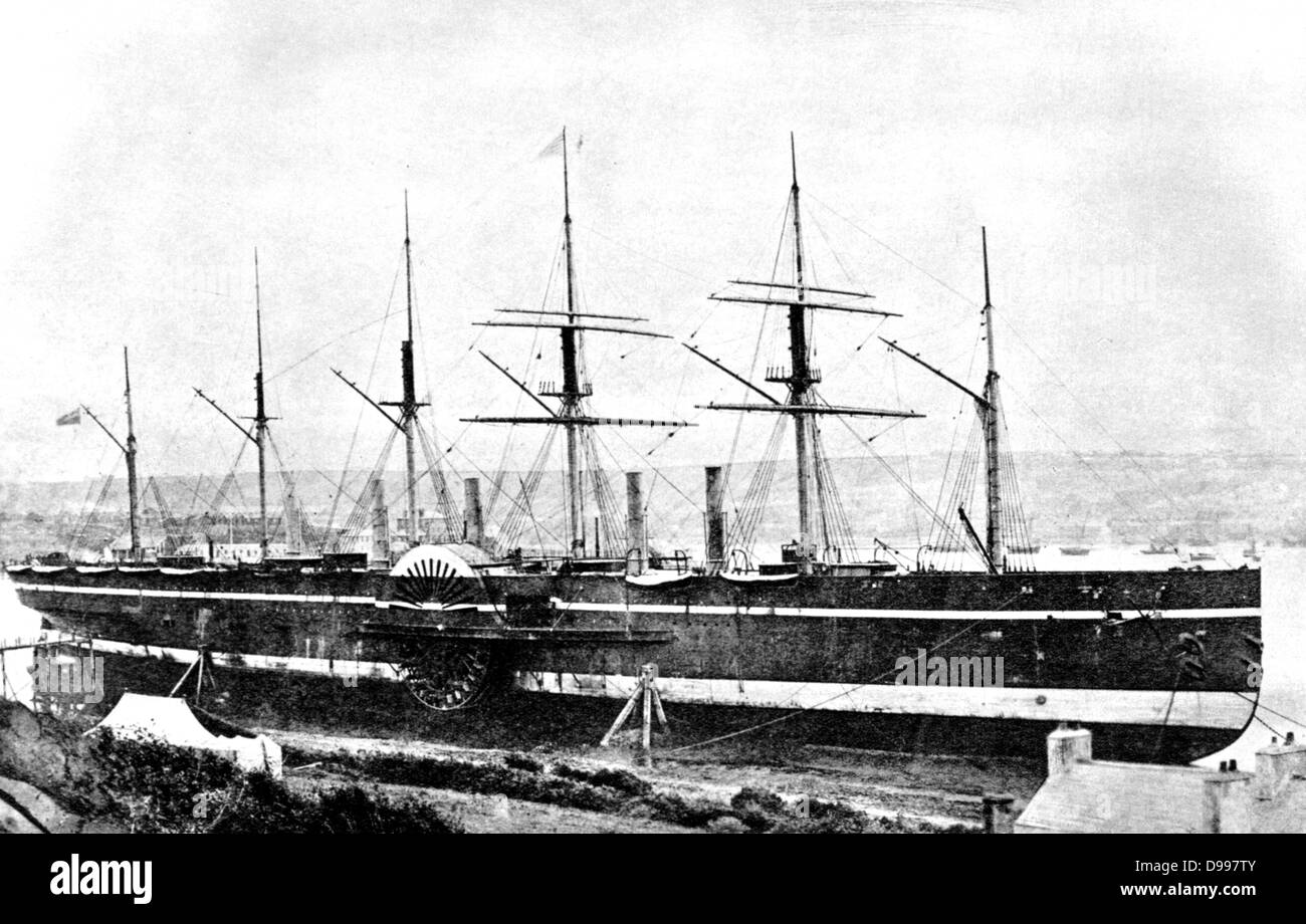 SS 'Great Eastern', Isambard Kingdom Brunel's iron ship built in J Scott Russell's Yard on the Thames at Milwall. Launched 31 January 1858, she was propelled by screw, paddle and sail.  British, Transport, Marine Stock Photo