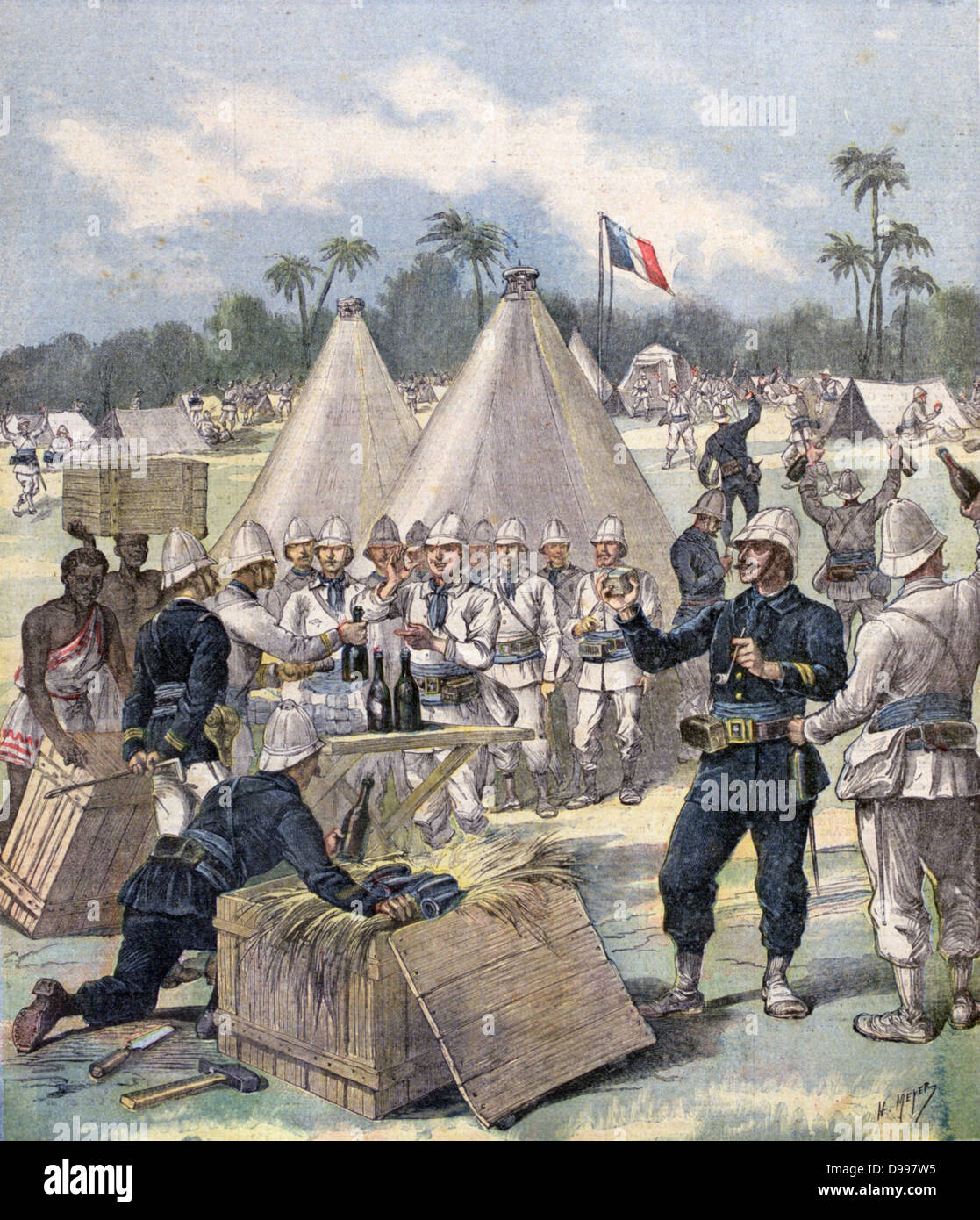 Second Franco-Dahomean War 1892-1894:  French troops opening Christmas boxes in Dahomey (now Benin Republic). From 'Le Petit Journal', Paris, 31 December 1892. Africa, Colonialism, French, Military, Soldier, Tent Stock Photo