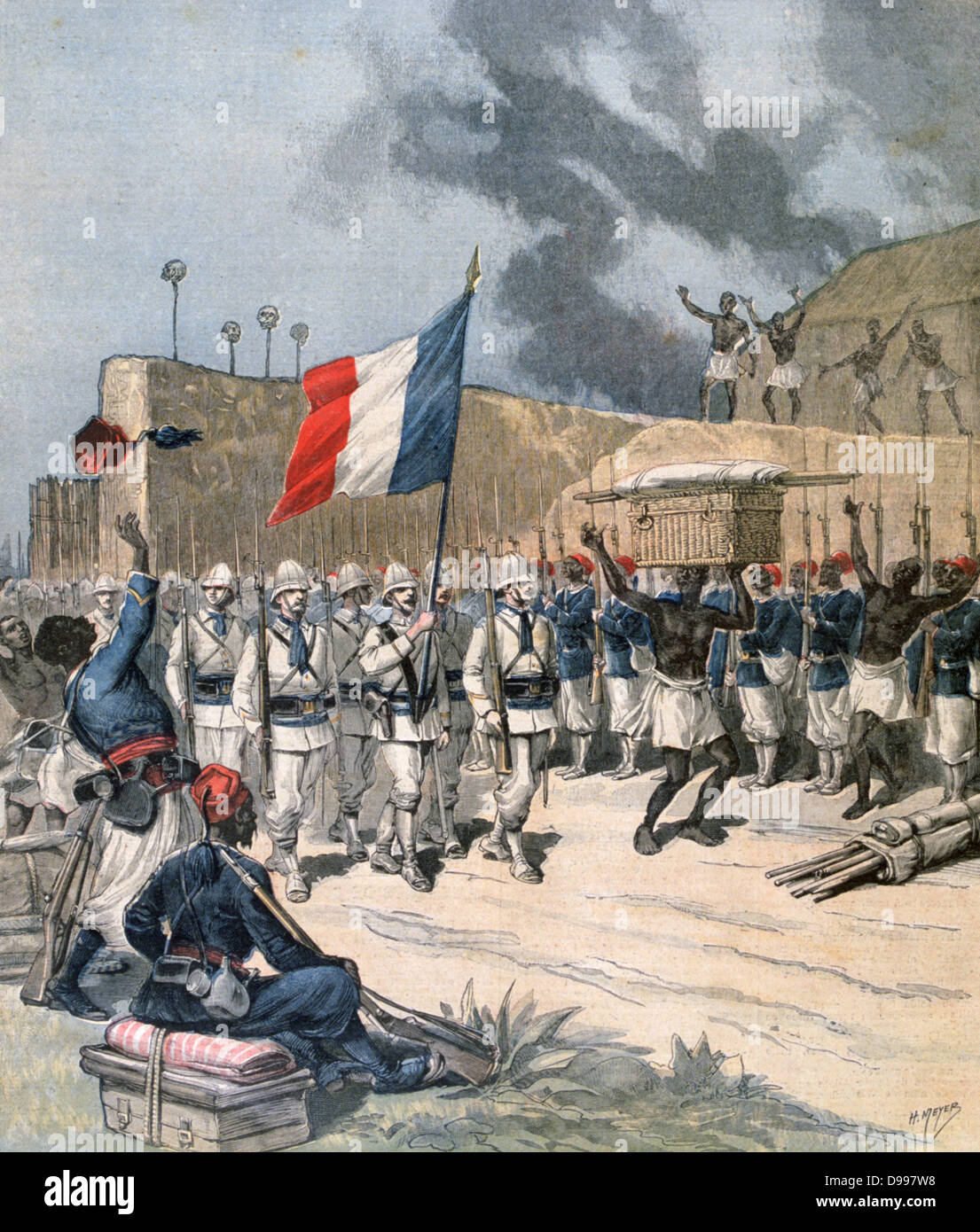 Second Franco-Dahomean War 1892-1894:  Victorious  French troops carrying the French flag through Abomey, Dahomey (now Benin). From 'Le Petit Journal', Paris, 10 December 1892.  Africa, Colonialism, Military, Soldier Stock Photo