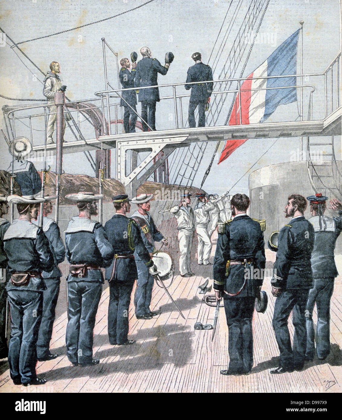 Saluting the Flag during French naval manoeuvres.  From 'Le Petit Journal', Paris, 1 August 1891. France, Navy, Exercise, Sailor, Officer, Seaman, Nationalism Stock Photo