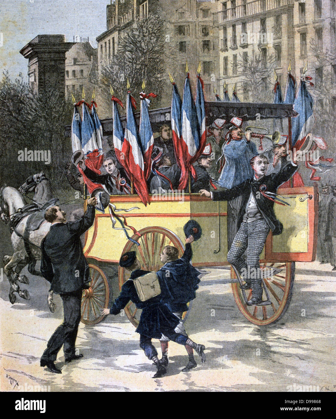 French army conscripts setting out for training. In 1892 10% less young men eligible for conscriptions than usual, perhaps due to the Franco-Prussian War twenty years earlier. 'Le Petit Journal', Paris, 5 March 1892.  France Military Stock Photo