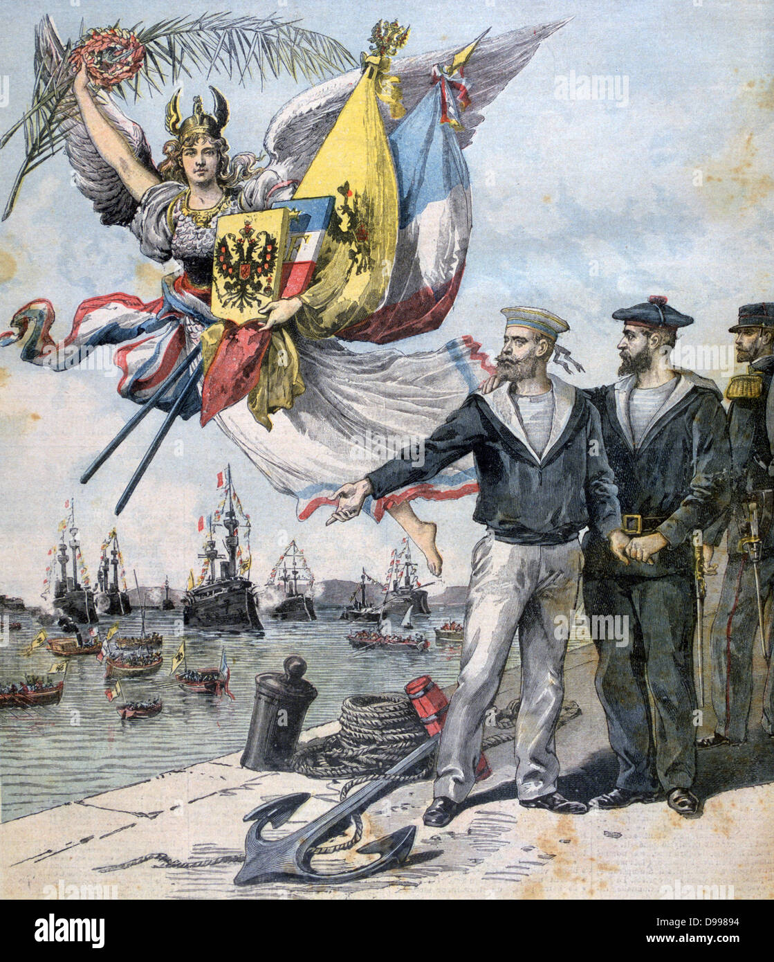 Franco-Russian Alliance: French and Russian sailors holding hands in brotherly entente  during the visit of the Russian Mediterranean Fleet to the French naval port of Toulon. From 'Le Petit Journal', Paris, 30 September 1893. Stock Photo