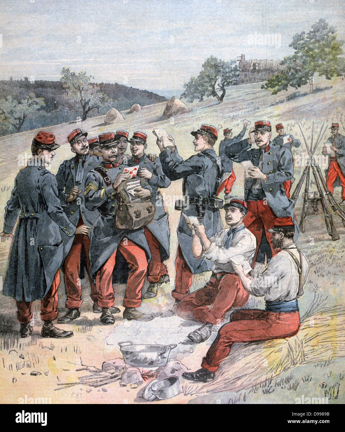 French army on Autumn manoeuvres: Men crowding round the regimental postman bringing them letters from home.  From 'Le Petit Journal', Paris, 23 September 1893.  France, Military, Soldier, Uniform Stock Photo