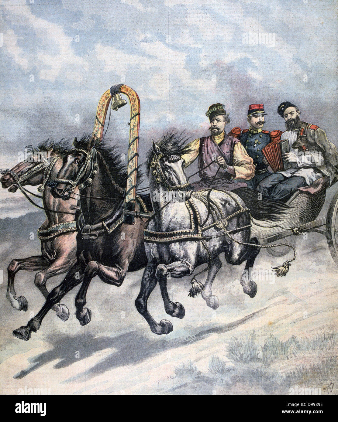 An allegory of the Franco-Russian Double Alliance:  French and Russian officers riding together in a horse-drawn troika. From 'Le Petti Journal', Paris, 16 September 1893. France, Russia, Treaty, Military Transport, Vehicle Stock Photo