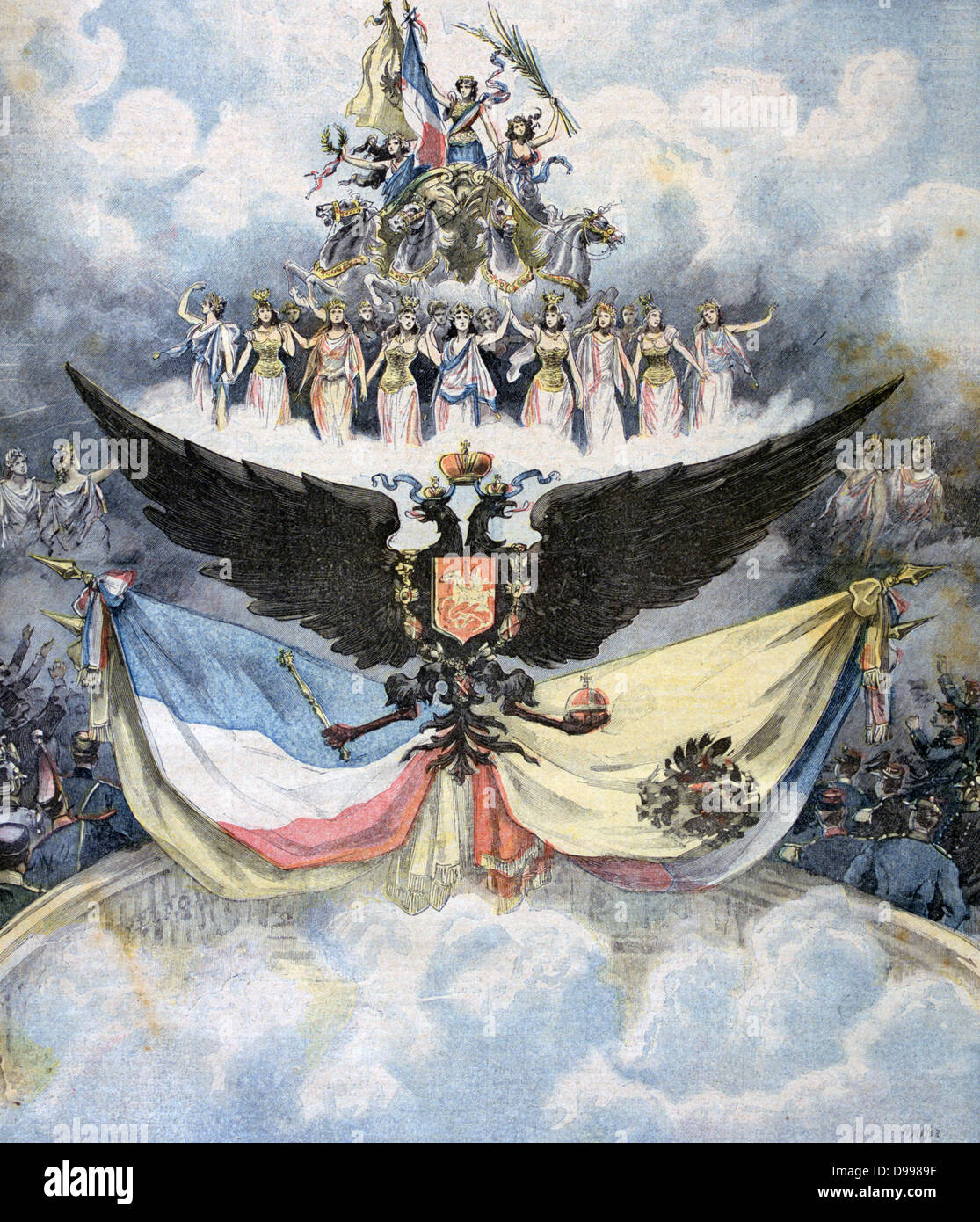 Franco-Russian friendhsip celebrations in Paris: Tableau presented at the gala at the Opera, showing the Russian and French flags and the Russian Imperial double-headed eagle. From 'Le Petit Journal', Paris, 28 November 1893. Stock Photo