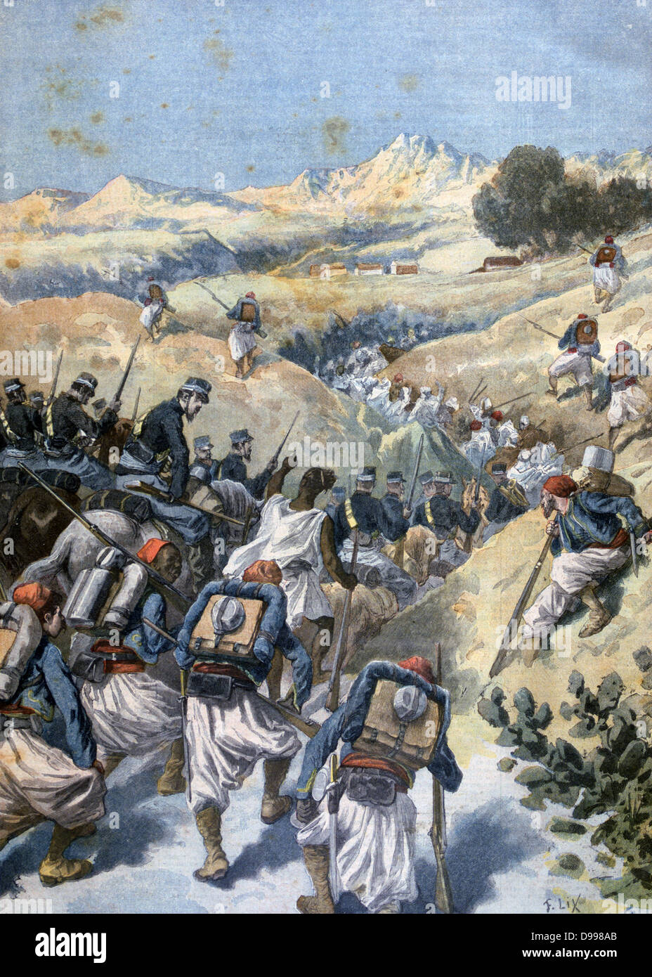 Soldiers of the French Foreign Legion engaging Algerian brigands in battle.  From 'Le Petit Journal', Paris, 23 December 1893.   France, North, Africa, Colonialism,  Military, Army, Zouave Stock Photo