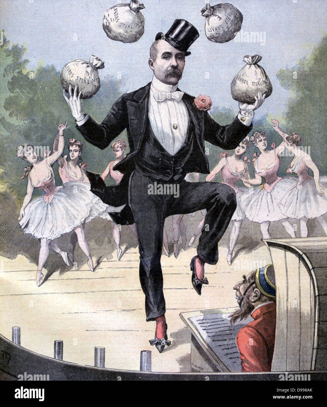 Georges Clemenceau (1841-1929) French statesman,  accused of accepting bribes in Panama Canal Scandal, defeated in election of 1893. Here juggling bags of Sterling, Britain in prompt box. 'Le Petit Journal', Paris, 19 August 1893. Stock Photo