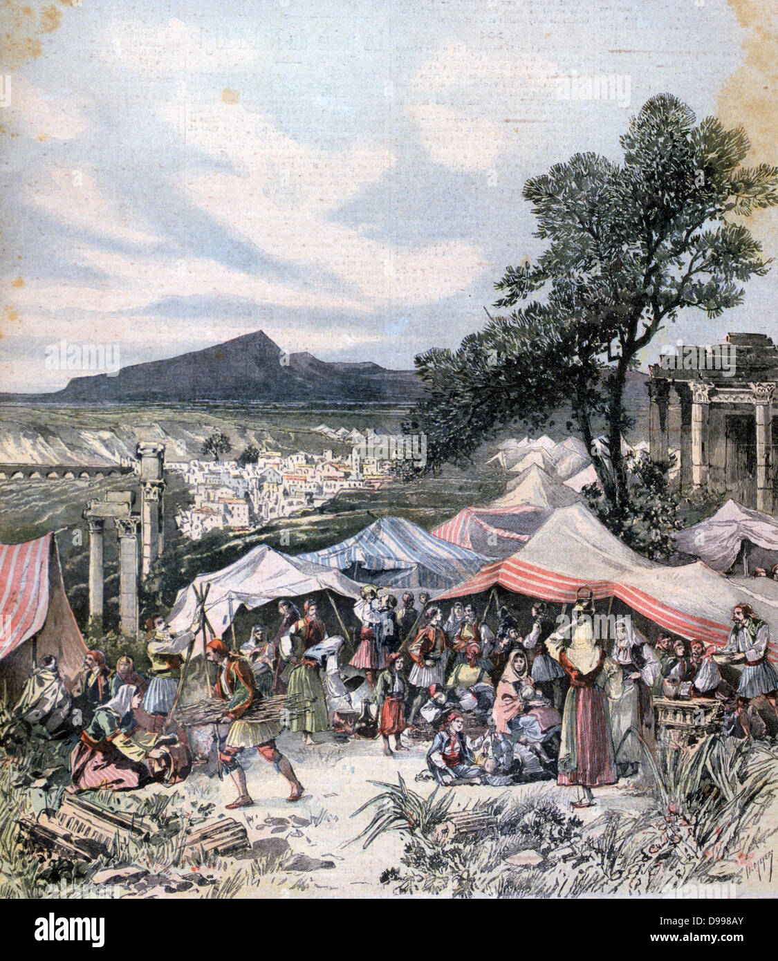Earthquake at Thebes, Greece: Tents erected to shelter people made homeless. Few people were killed but the damage was extensive. From 'Le Petit Journal', Paris, 17 June 1893.  Geology, Destruction Stock Photo