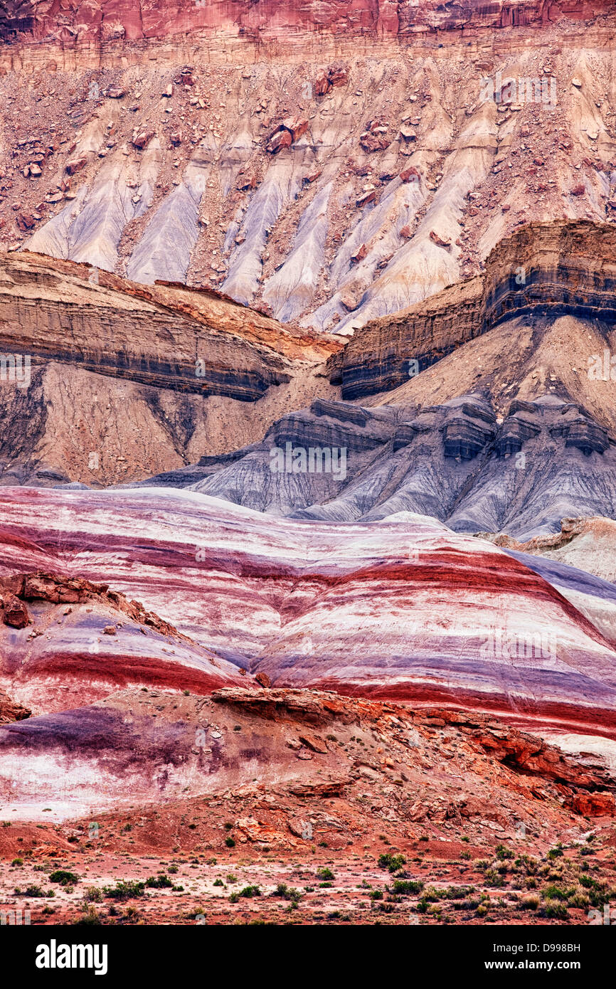 Overnight rainfall enriches volcanic ash deposits at the Caneville Badlands bordering Utah's Capitol Reef National Park. Stock Photo