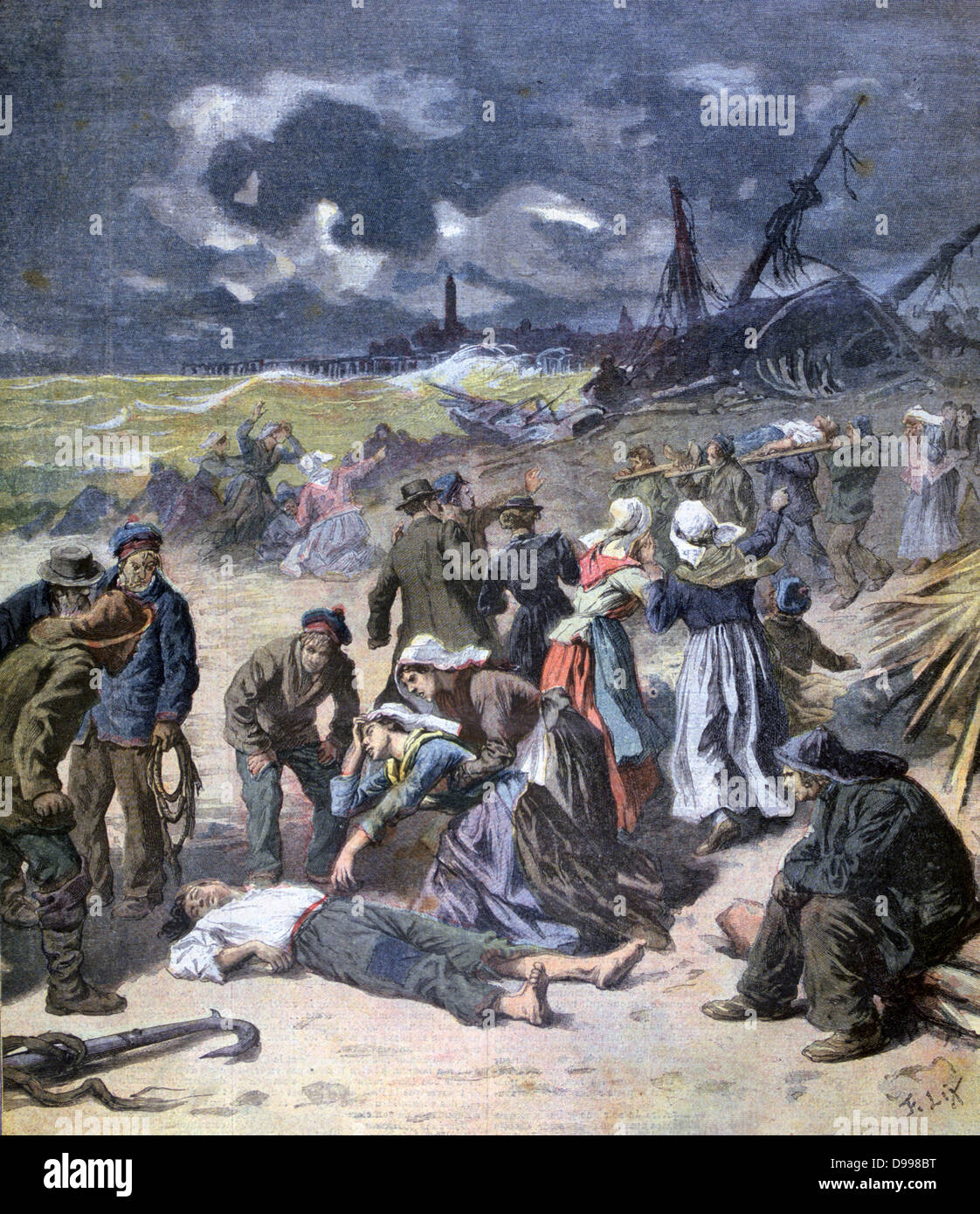 Storms in France, 19 November 1893: Scenes near Calais with bodies from shipwreck being recovered and identified. From 'Le Petit Journal', Paris, 9 December 1893. Weather, Wind, Wave, Grief, Bereavement,  Women, Seamen Stock Photo