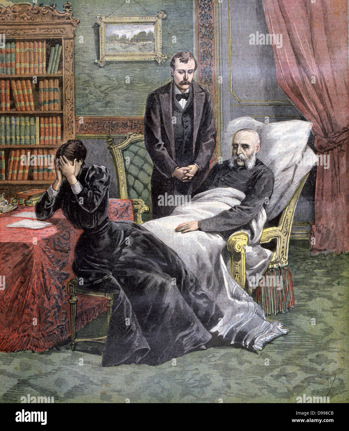 Death of Jules Ferry (1832-1893) in his armchair.  Ferry 44th and 49th Prime Minister of France 1880-1881, 1883-1885, is said to have died of 1887 assassination attempt. From 'Le Petit Journal', Paris, 1 April 1893. French, Politician Stock Photo