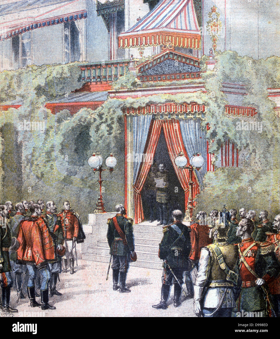 Bulletin on the illness of Tsar Alexander III being read from the steps of the Livadia Palace.  From 'Le Petit Journal', Paris, 5 November 1894. Stock Photo