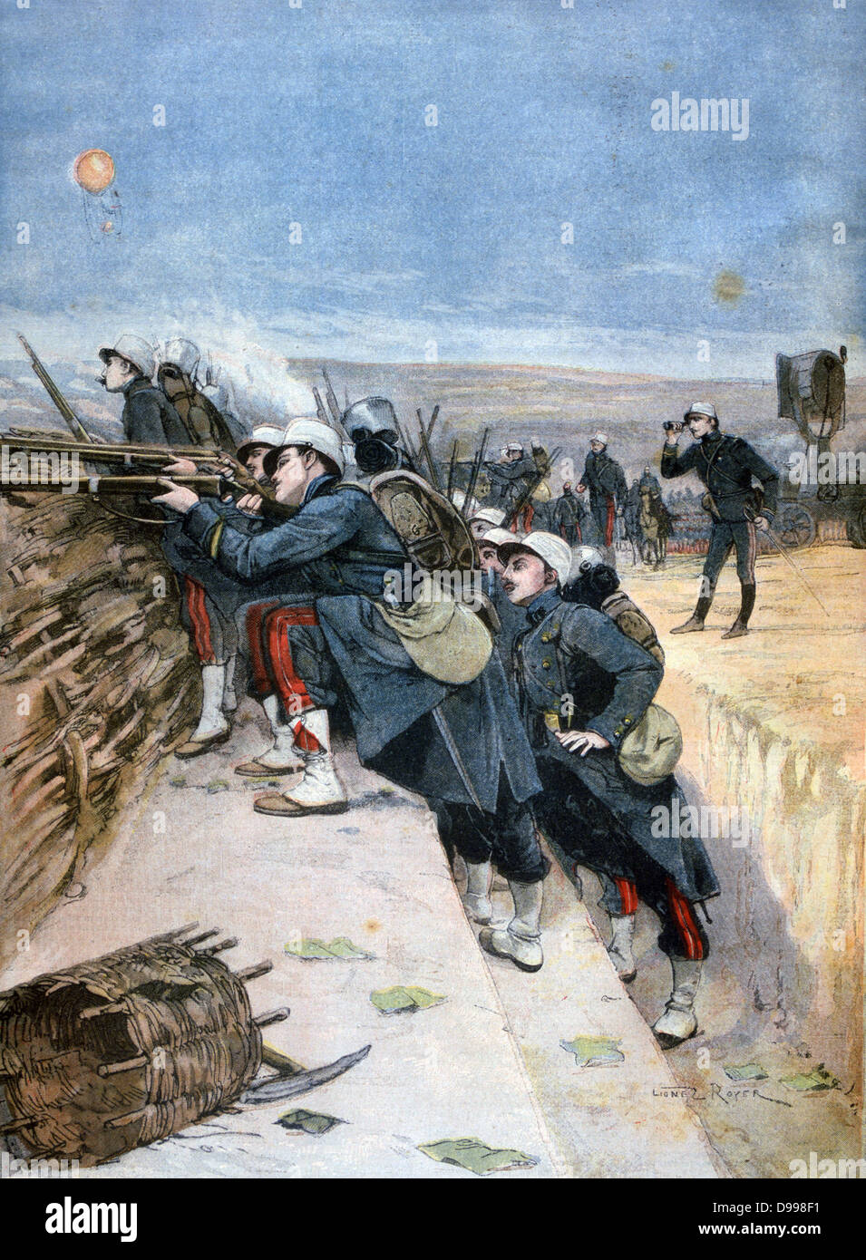 French military manoeuvres: Engineers defending a trench. At top left is and observation balloon. From 'Le Petit Journal', Paris, 1 October 1894. Army, Soldier, Weapon, Rifle Stock Photo