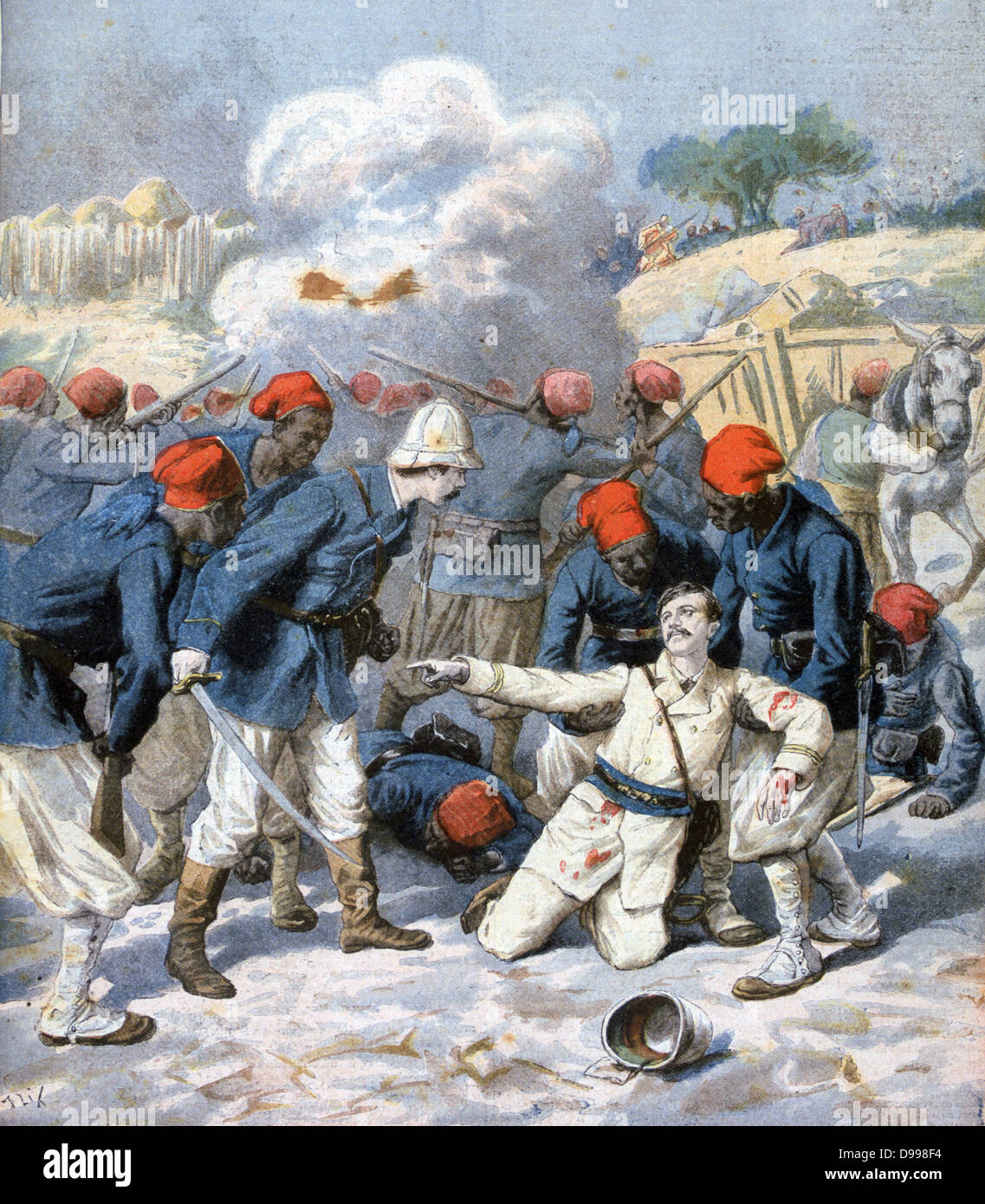 Death of Lieutenant Lecerf, surrounded by concerned Zouaves, at S'Napa, Upper Niger. Expansion of French territories in West Africa.  From 'Le Petit Journal', Paris, 9 March 1894. Military, Soldier Stock Photo