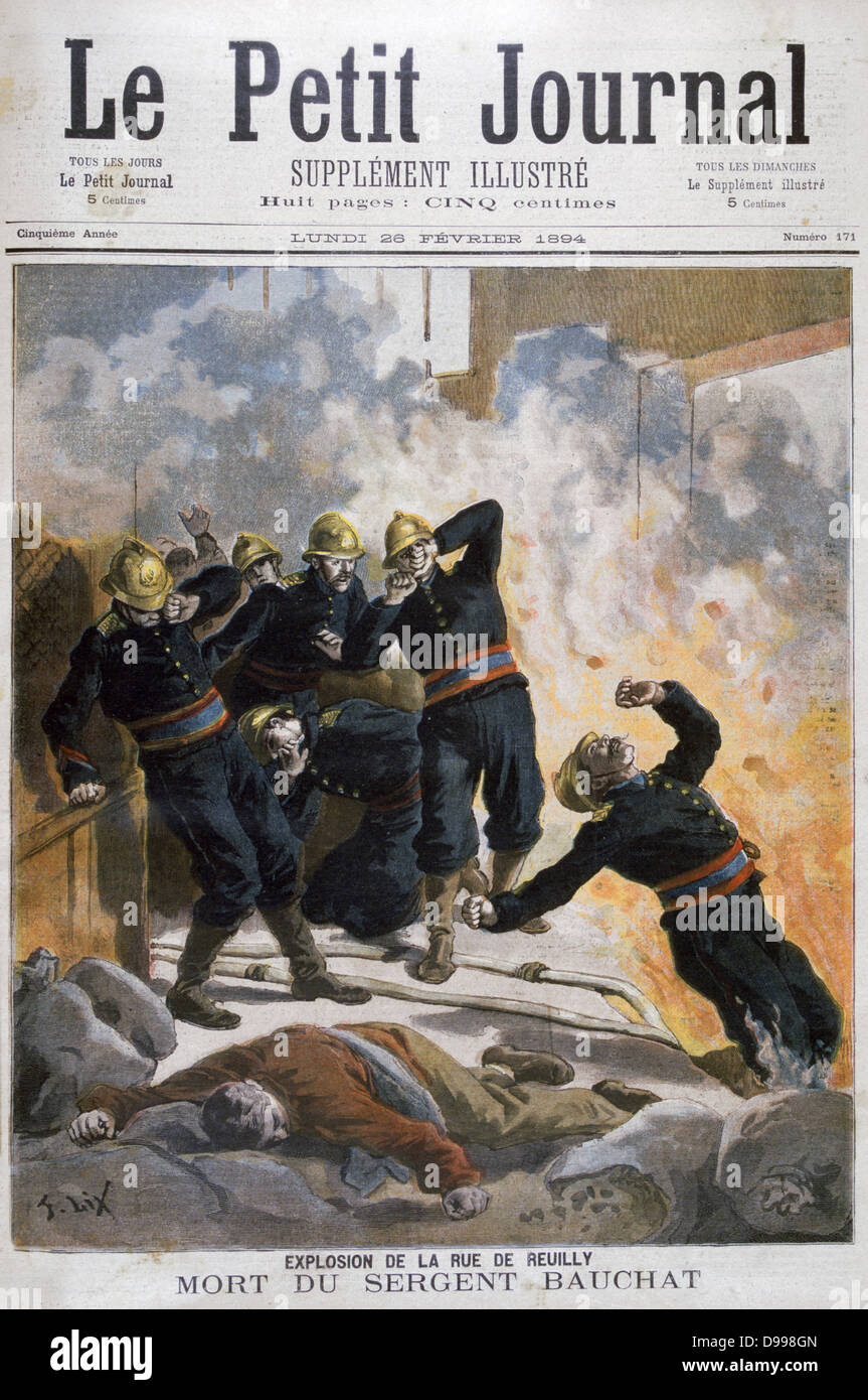 Death of Sergeant Bauchat of the Paris Fire Brigade while attending a fire in the rue Reuilly.  From 'Le Petit Journal', Paris, 26 February 1894. France, Accident, Explosion Stock Photo