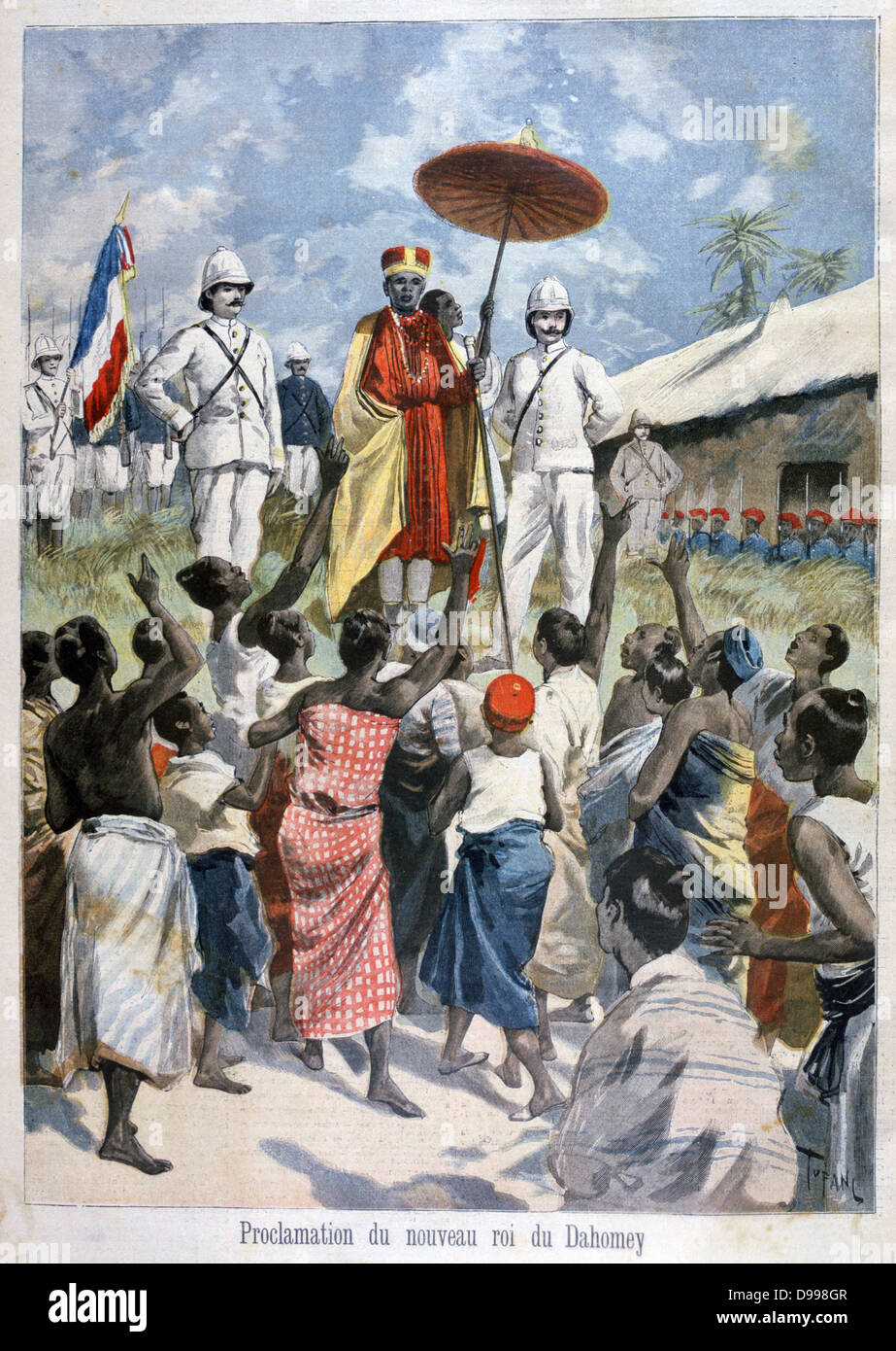 Proclamation of the new King of Dahomey, Agloliagbo (formerly Gouthili).  Dahomey, now Republic of Benin, was a French protectorate.  From 'Le Petit Journal', Paris, 19 February 1894. France, Colonialism, Africa Stock Photo