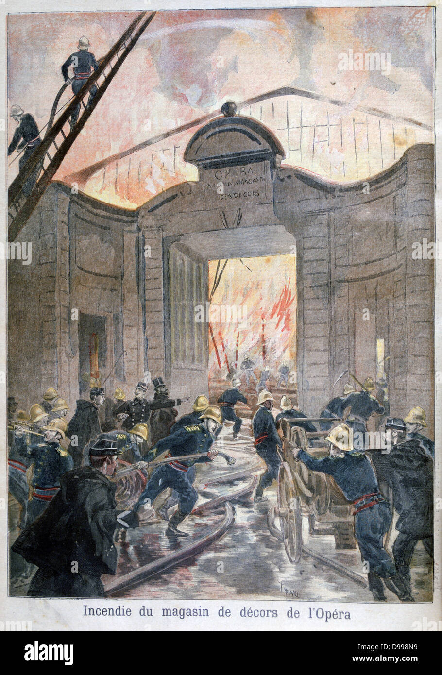 The Paris Fire Brigade fighting a blaze in the scenery store of the Paris Opera.  Sets for numerous productions were lost. From 'Le Petit Journal', Paris, 5 February 1894. France , Flames, Ladder, Hose, Water Stock Photo