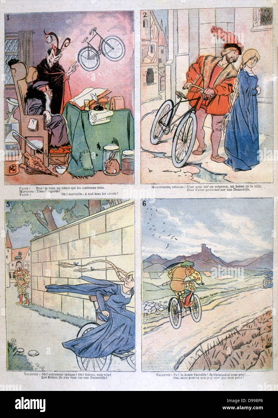Bicycle applied to the Legend of Faust: From - Temptation by Mephistopheles, A rejuvinated Strauss courting Marguerite, To Faust and Marguerite escaping on tricycle. From 'Le Petit Journal',  Paris, 2 April 1894. (also 0510007479). Stock Photo