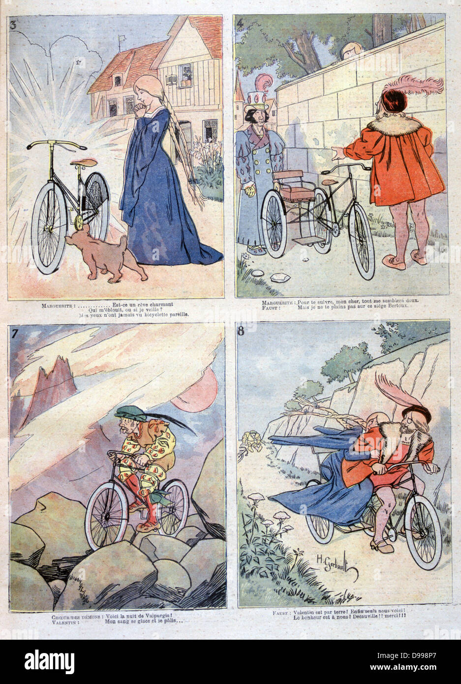 Bicycle applied to the Legend of Faust: From - Temptation by Mephistopheles, A rejuvinated Strauss courting Marguerite, To Faust and Marguerite escaping on tricycle. From 'Le Petit Journal',  Paris, 2 April 1894. (also 0510007480). Stock Photo