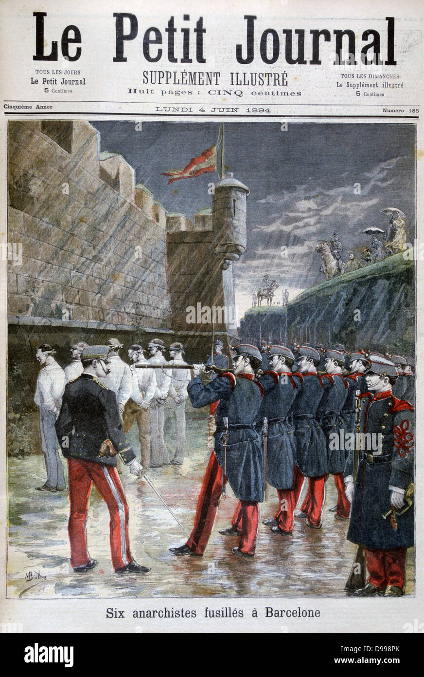 Barcelona, Spain: Execution by firing squad of six  Anarchists  found guilty of terrorism. From 'Le Petit Journal', Paris, 4 June 1894. Capital punishment, Death, Rifle. Stock Photo
