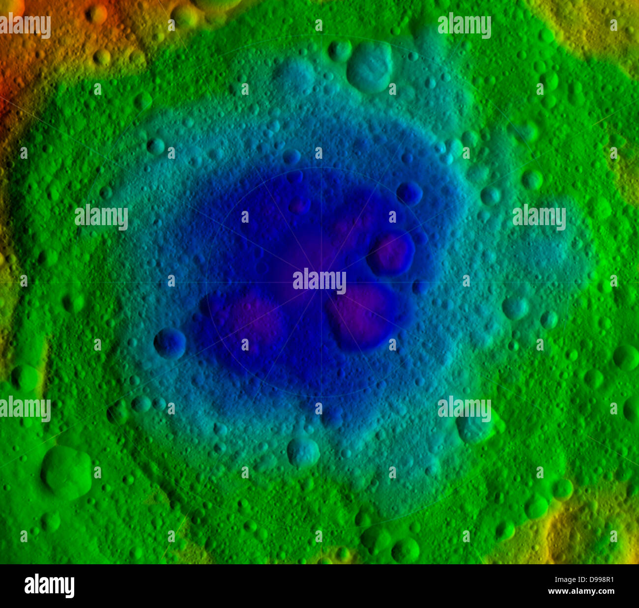 This image from NASA's Dawn mission shows the topography of the northern and southern hemispheres of the giant asteroid Vesta, Stock Photo