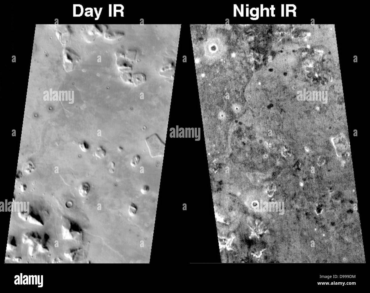 This pair of THEMIS infrared images shows the so-called 'face on Mars' landform viewed during both the day and night. Stock Photo