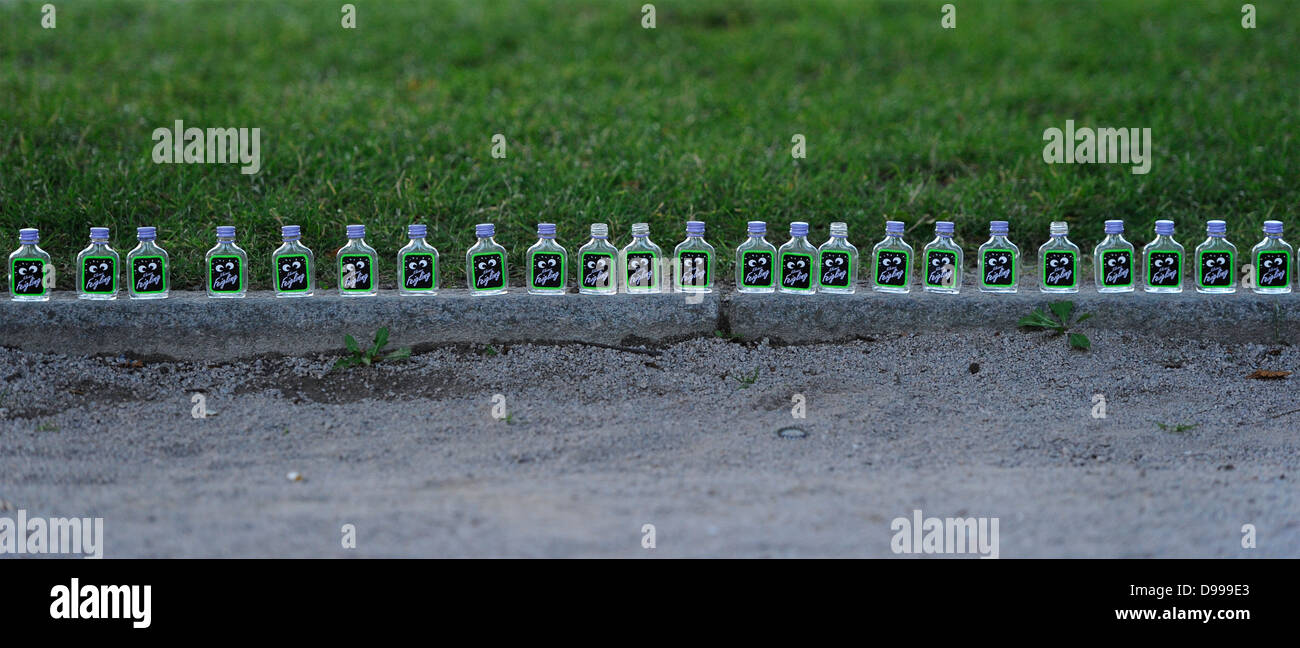 Row of empty schnapps bottles small coward vodka lined up on kerbstone Stock Photo