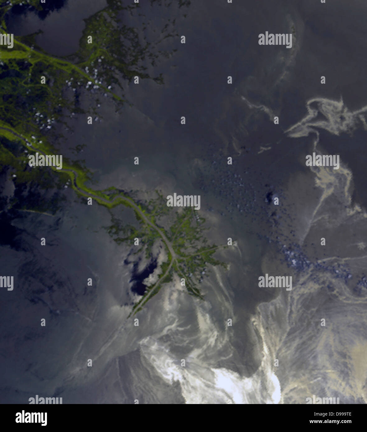 This image, acquired on May 24, 2010 shows oil from the former Deepwater Horizon rig encroaching upon several of Louisiana's wildlife habitats. The source of the spill is located off the southeastern (bottom right) edge of the image. Satellite image. Stock Photo