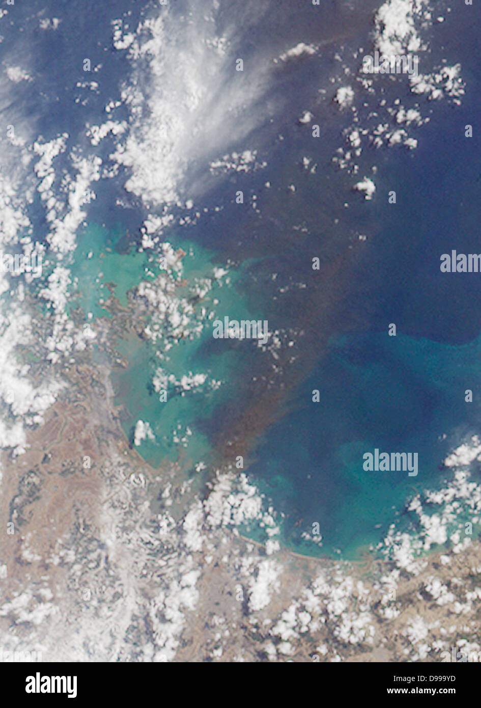 In the aftermath of the massive earthquake that struck northeastern Japan at 2:46 p.m. local time on March 11, 2011, and its subsequent tsunami. March 12, 2011. Satellite image. Stock Photo