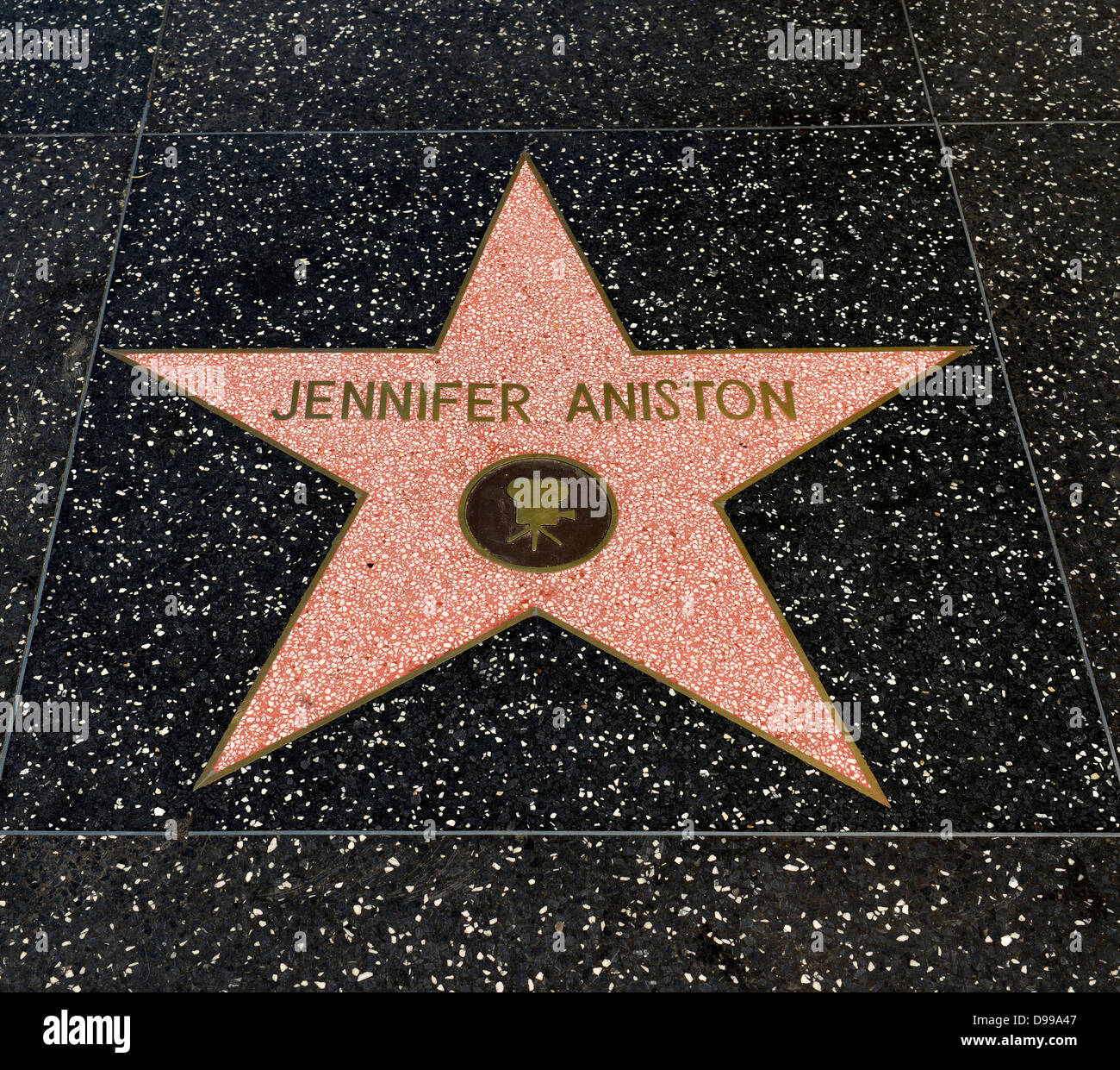 Terrazzo star for artists Jennifer Aniston, category Film, Drumming of Fame, Hollywood boulevard, Hollywood, Los Angeles, Califo Stock Photo