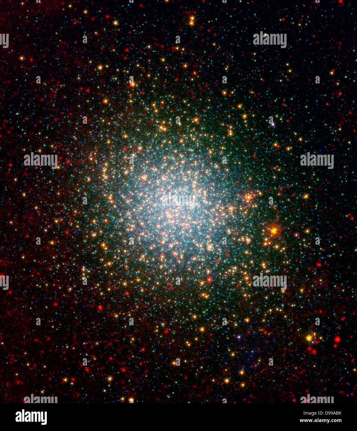 A cluster brimming with millions of stars glistens like an iridescent opal in this image from NASA's Spitzer Space Telescope. Called Omega Centauri, the sparkling orb of stars is like a miniature galaxy Stock Photo