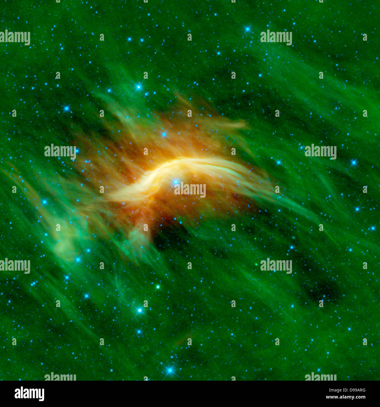 The blue star near the center of this image is Zeta Ophiuchi. Zeta Ophiuchi is actually a very massive, hot, bright blue star plowing its way through a large cloud of interstellar dust and gas. WISE. Stock Photo